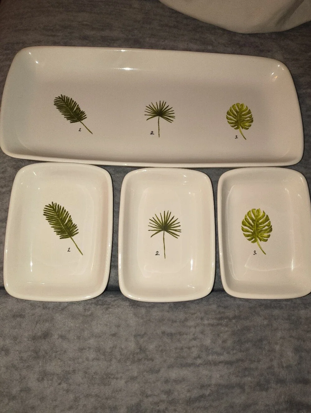 Rae Dunn White Ceramic Serving Tray and 3 Dish Set with Green Leaf Motif